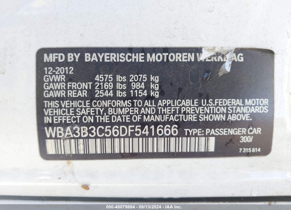 2013 BMW 328I XDRIVE VIN: WBA3B3C56DF541666