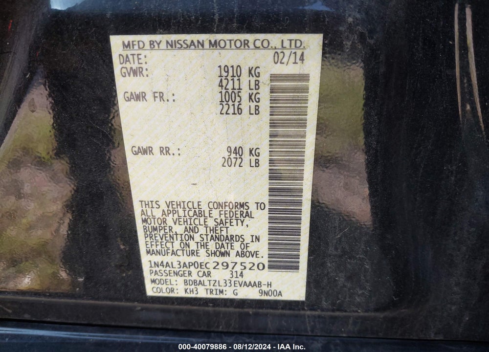 2014 NISSAN ALTIMA 2.5 SV VIN: 1N4AL3AP0EC297520