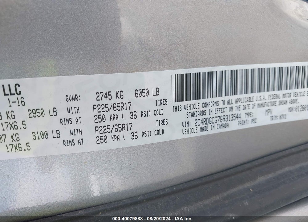 2016 DODGE GRAND CARAVAN SXT VIN: 2C4RDGCG7GR313544