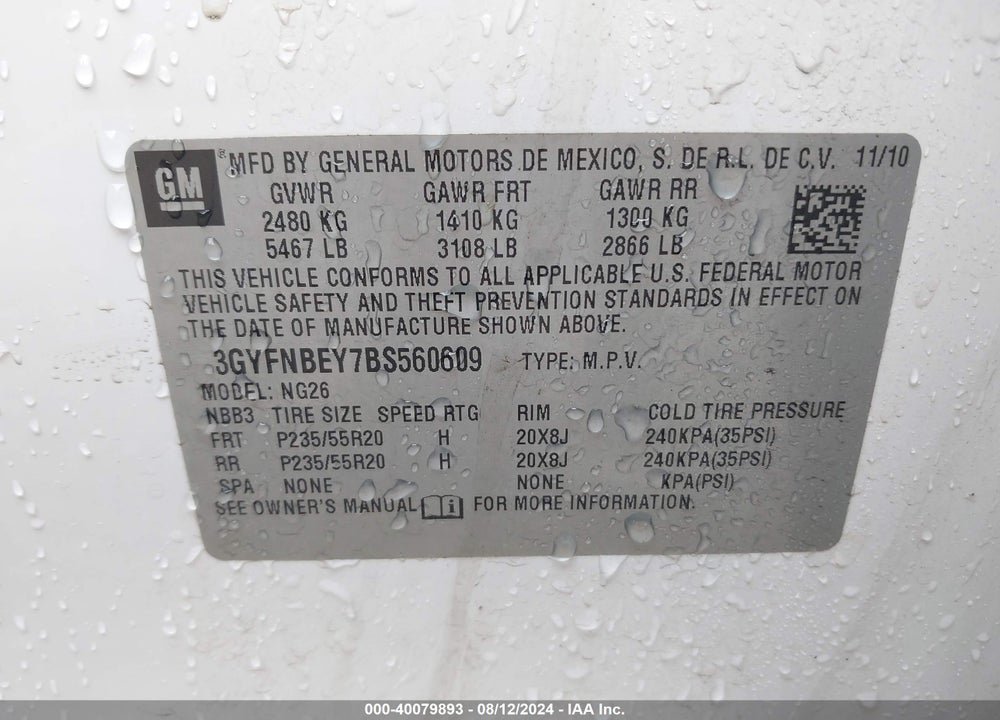 2011 CADILLAC SRX PERFORMANCE COLLECTION VIN: 3GYFNBEY7BS560609