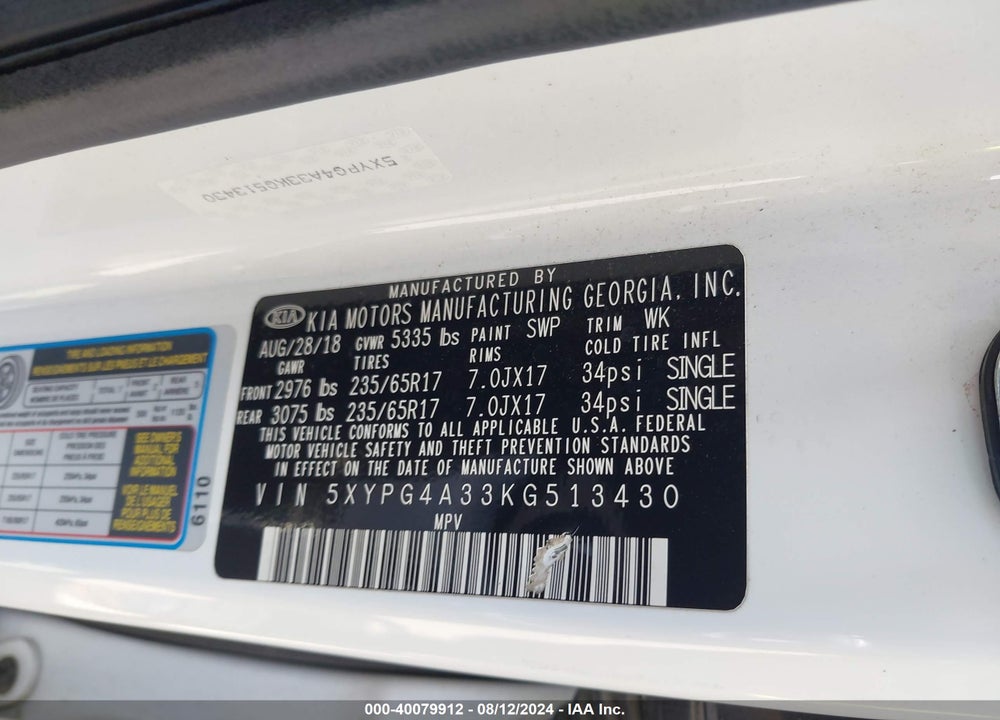 2019 KIA SORENTO 2.4L LX VIN: 5XYPG4A33KG513430