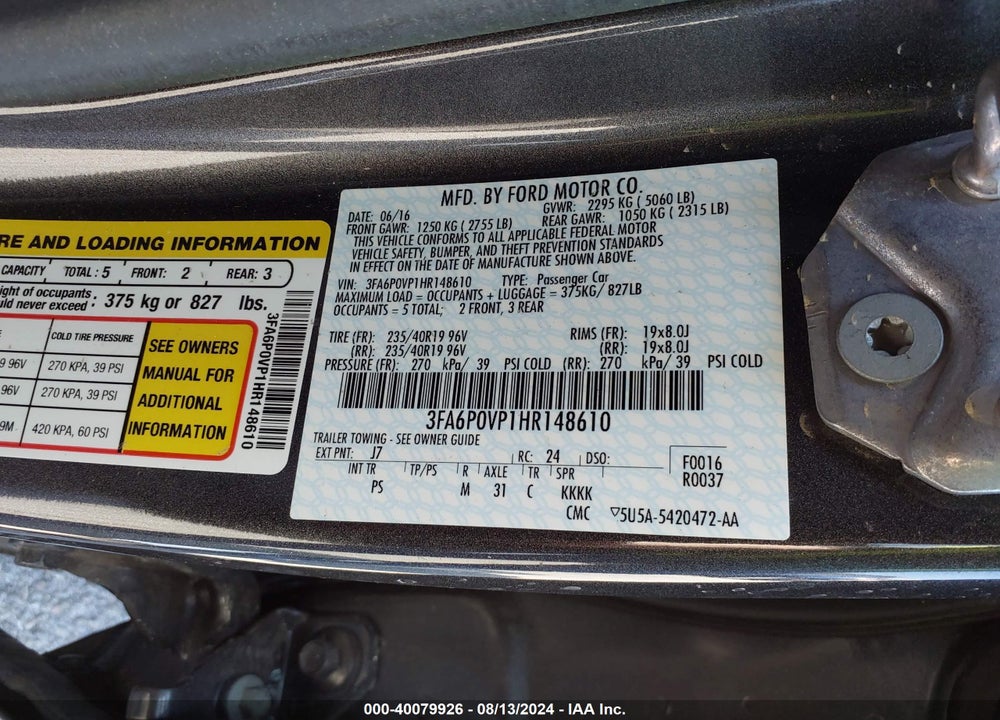 2017 FORD FUSION SPORT VIN: 3FA6P0VP1HR148610