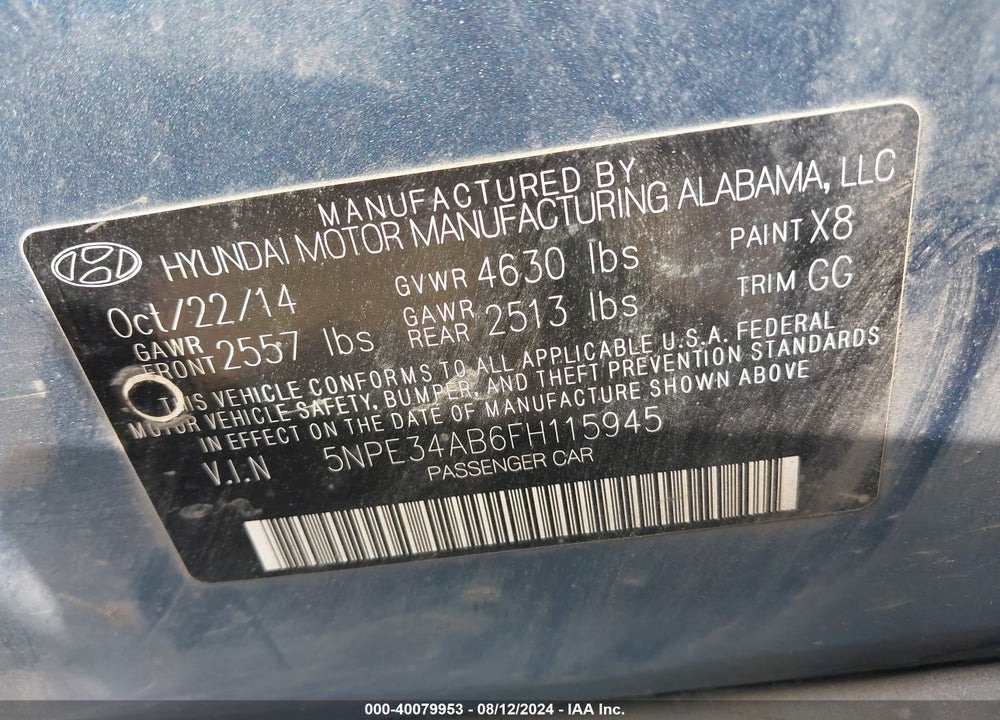 2015 HYUNDAI SONATA LIMITED 2.0T VIN: 5NPE34AB6FH115945
