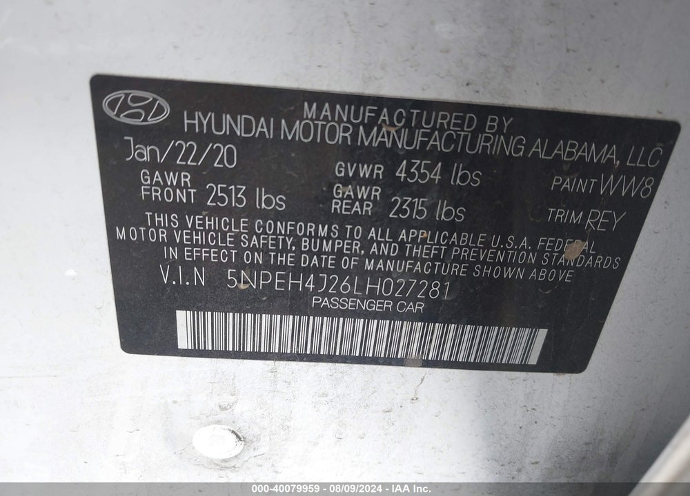 2020 HYUNDAI SONATA LIMITED VIN: 5NPEH4J26LH027281