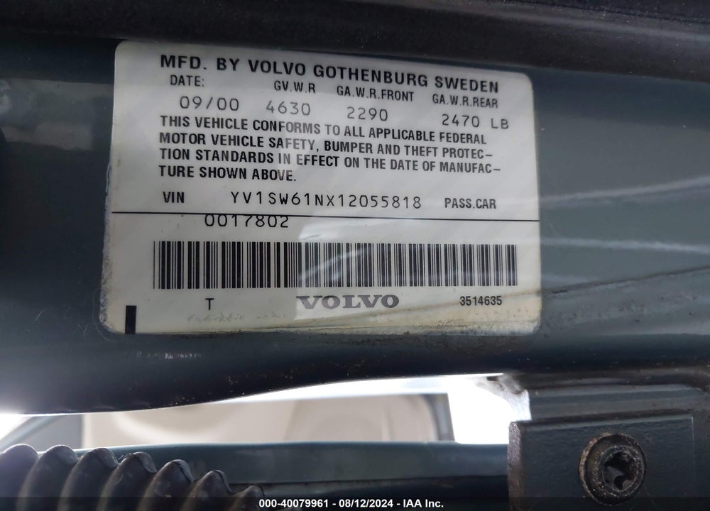 2001 VOLVO V70 2.4 VIN: YV1SW61NX12055818