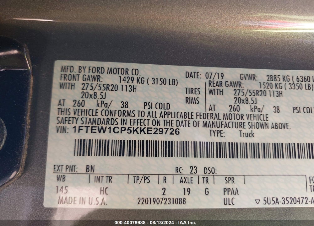 2019 FORD F-150 LARIAT VIN: 1FTEW1CP5KKE29726