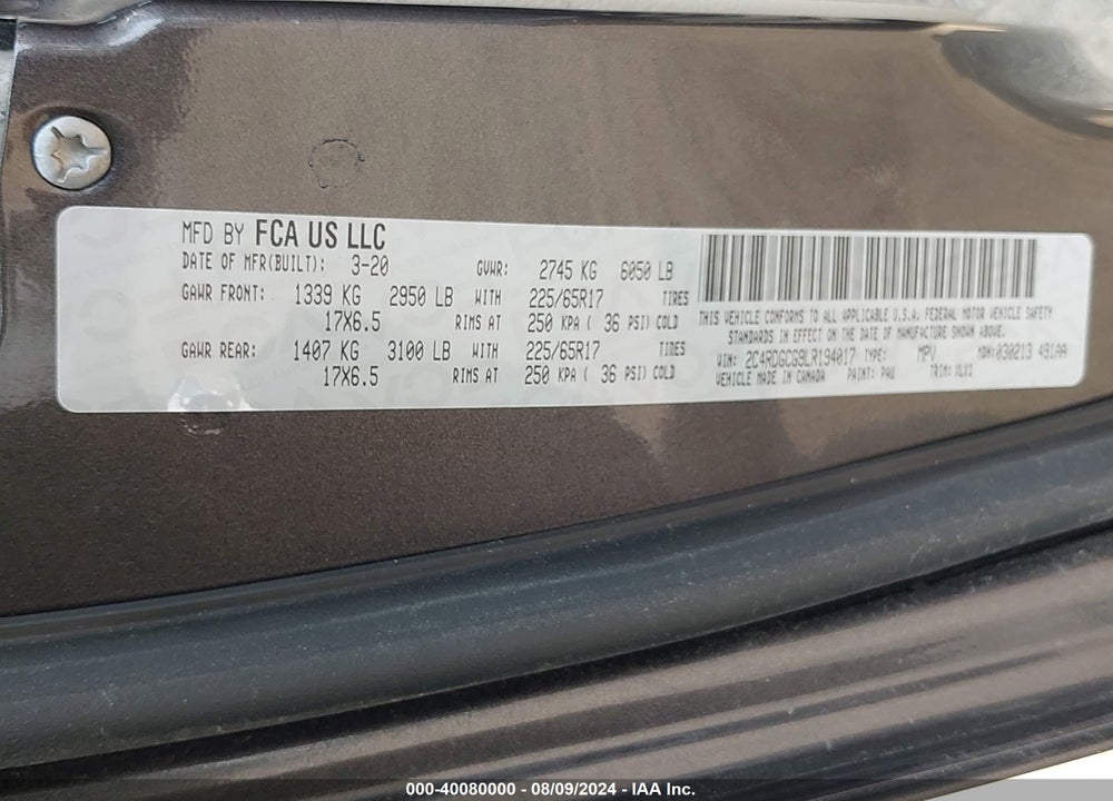 2020 DODGE GRAND CARAVAN SXT VIN: 2C4RDGCG9LR194017