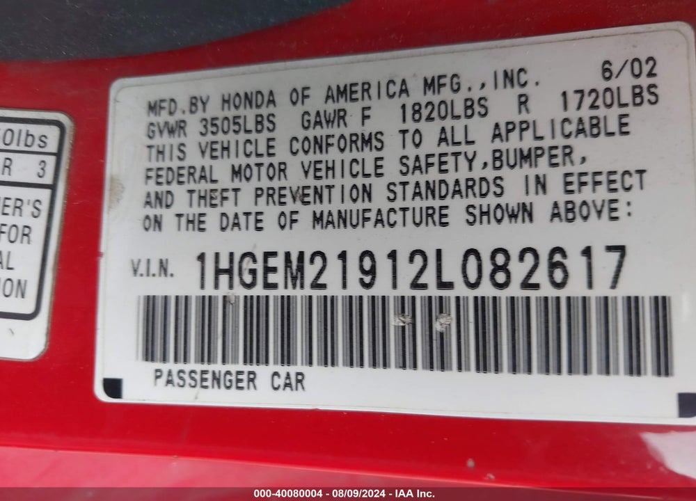 2002 HONDA CIVIC EX VIN: 1HGEM21912L082617