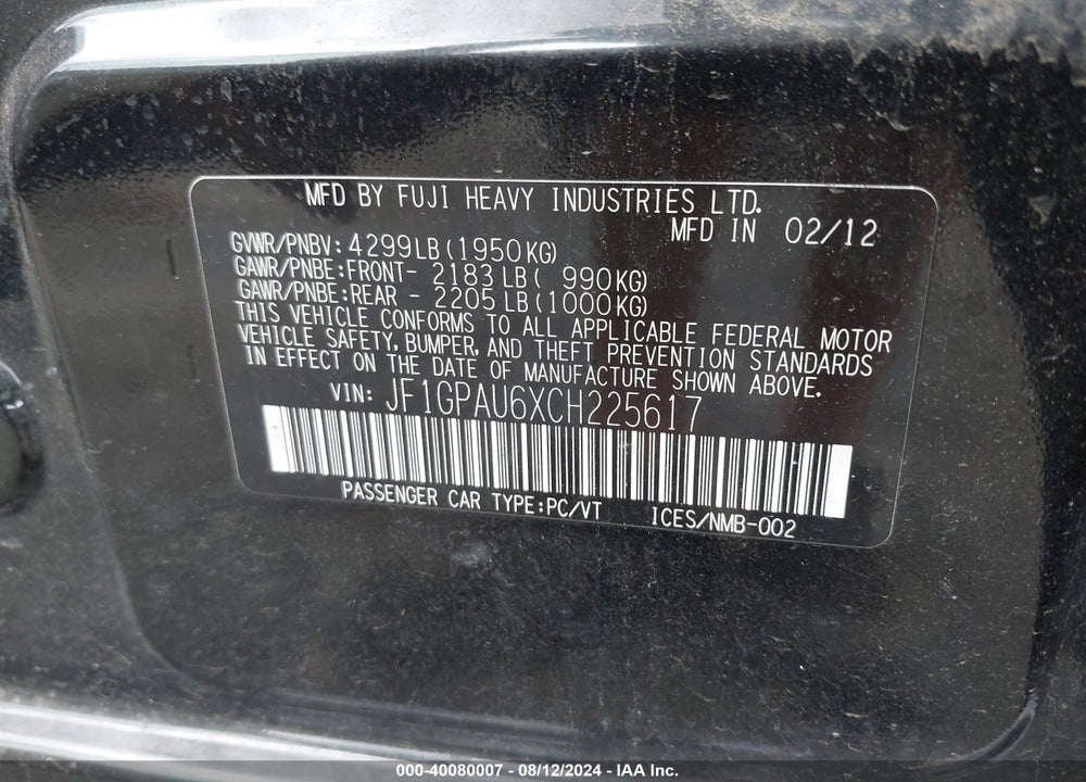 2012 SUBARU IMPREZA VIN: JF1GPAU6XCH225617