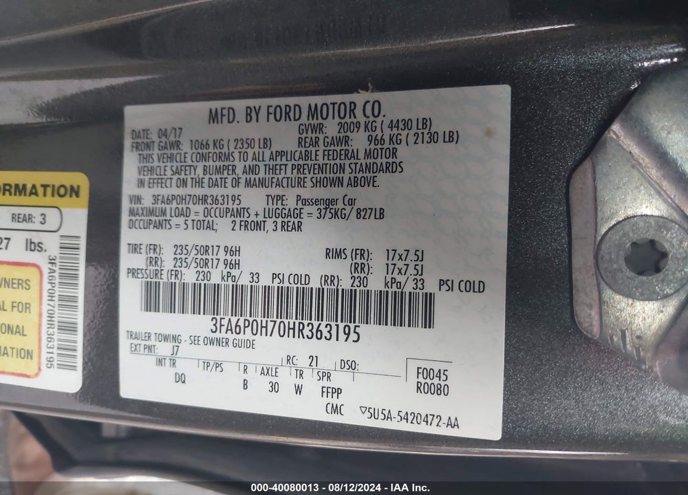 2017 FORD FUSION SE VIN: 3FA6P0H70HR363195