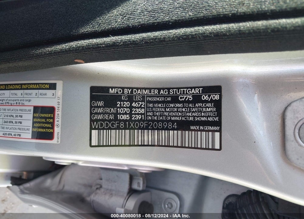 2009 MERCEDES-BENZ C 300 LUXURY 4MATIC/SPORT 4MATIC VIN: WDDGF81X09F208984