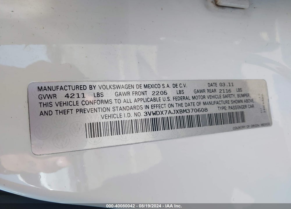 2011 VOLKSWAGEN JETTA 2.5L SE VIN: 3VWDX7AJXBM370608