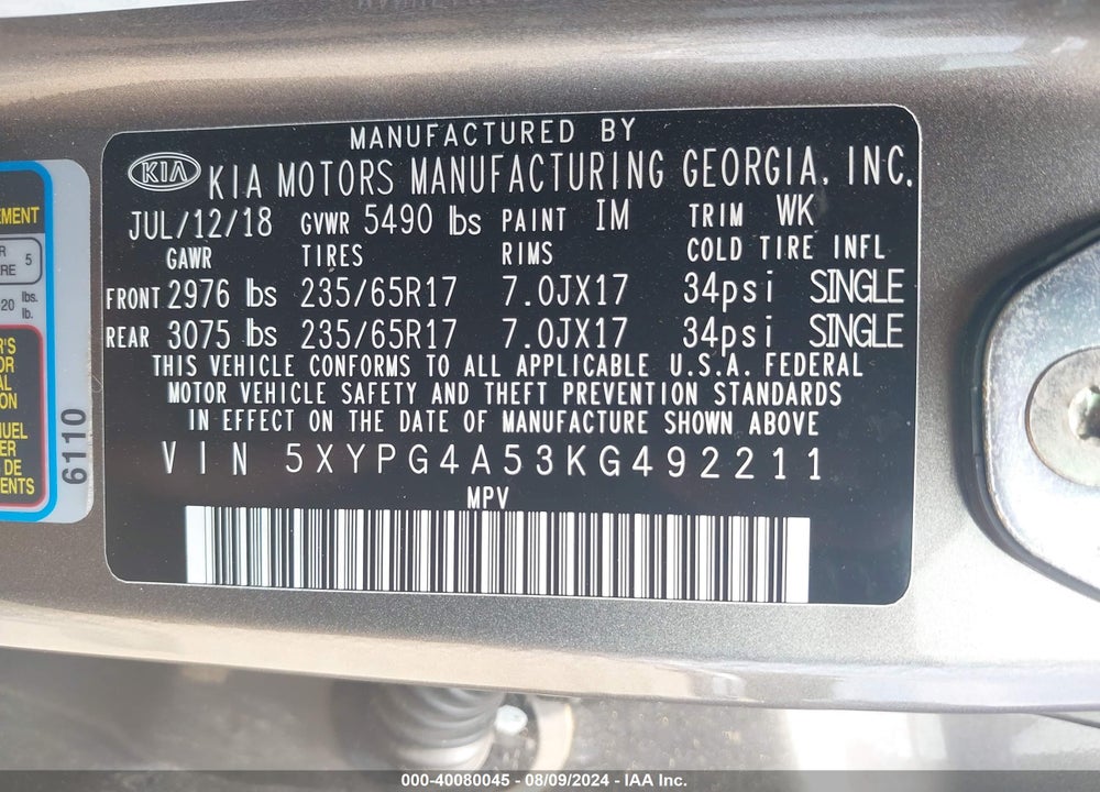 2019 KIA SORENTO 3.3L LX VIN: 5XYPG4A53KG492211
