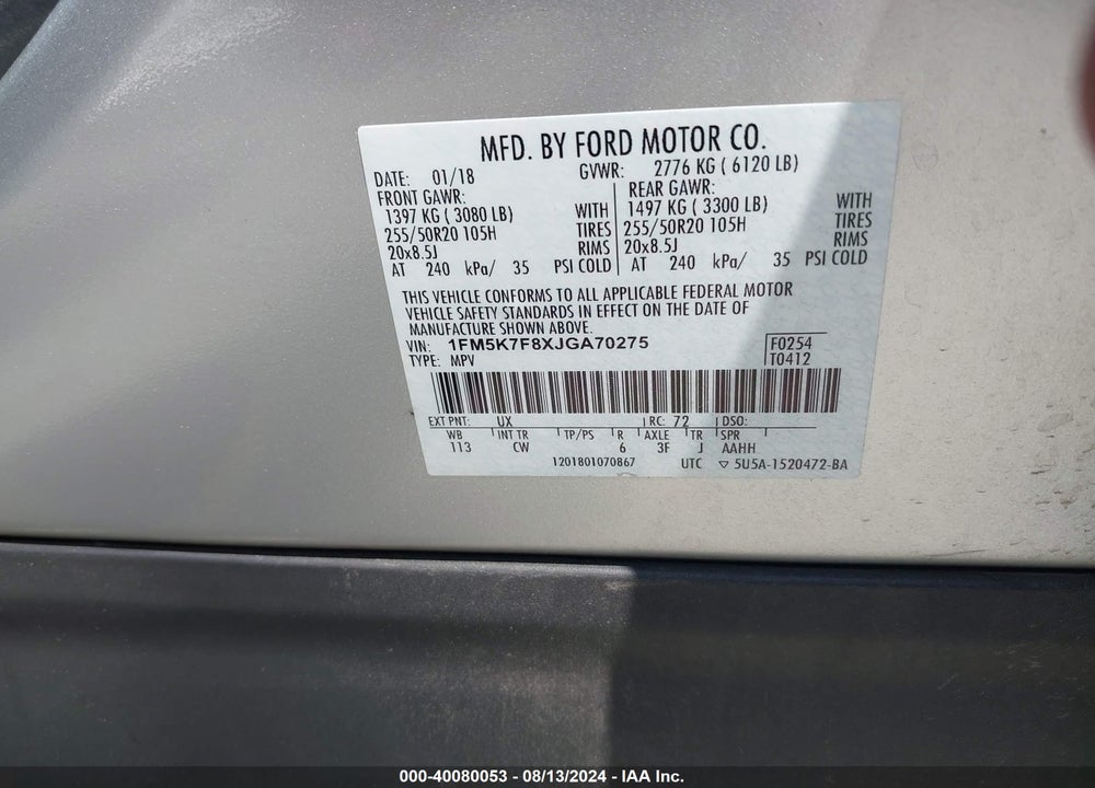 2018 FORD EXPLORER LIMITED VIN: 1FM5K7F8XJGA70275