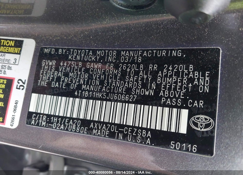 2018 TOYOTA CAMRY SE VIN: 4T1B11HK5JU606627