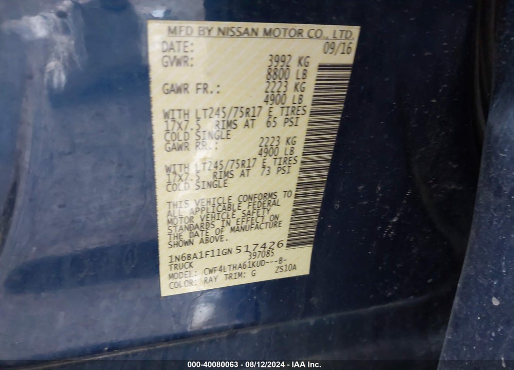 2016 NISSAN TITAN XD SV DIESEL VIN: 1N6BA1F11GN517426