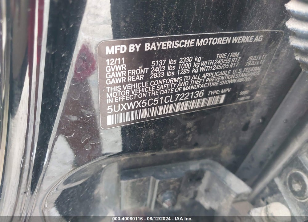 2012 BMW X3 XDRIVE28I VIN: 5UXWX5C51CL722136