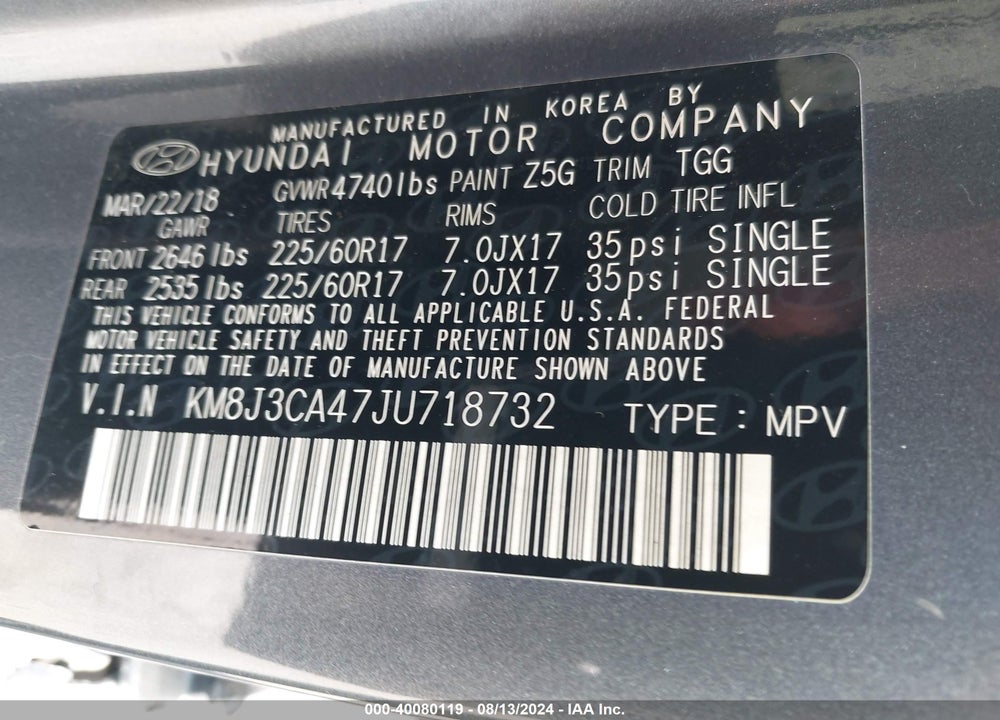 2018 HYUNDAI TUCSON SEL VIN: KM8J3CA47JU718732