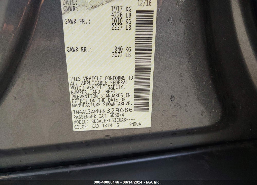 2017 NISSAN ALTIMA 2.5 S VIN: 1N4AL3AP8HN329686