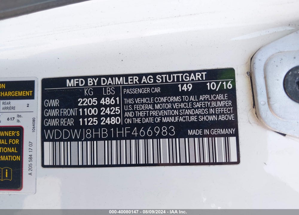 2017 MERCEDES-BENZ AMG C 63 S VIN: WDDWJ8HB1HF466983