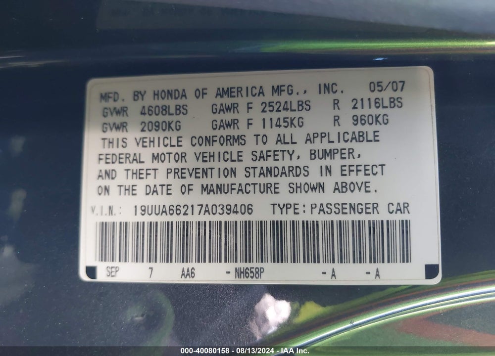 2007 ACURA TL 3.2 VIN: 19UUA66217A039406