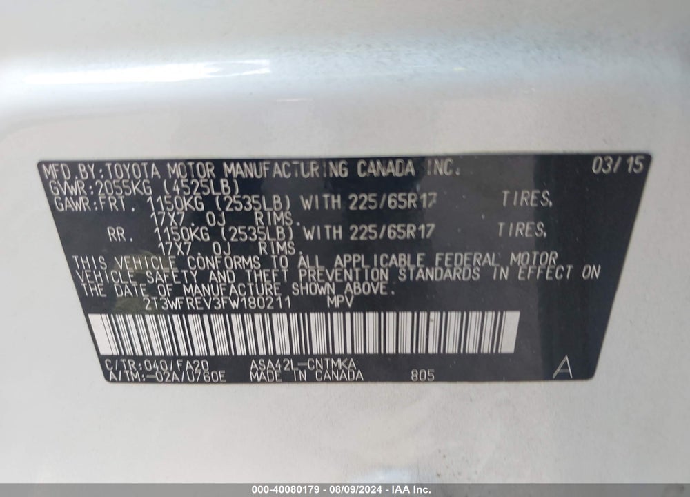 2015 TOYOTA RAV4 XLE VIN: 2T3WFREV3FW180211