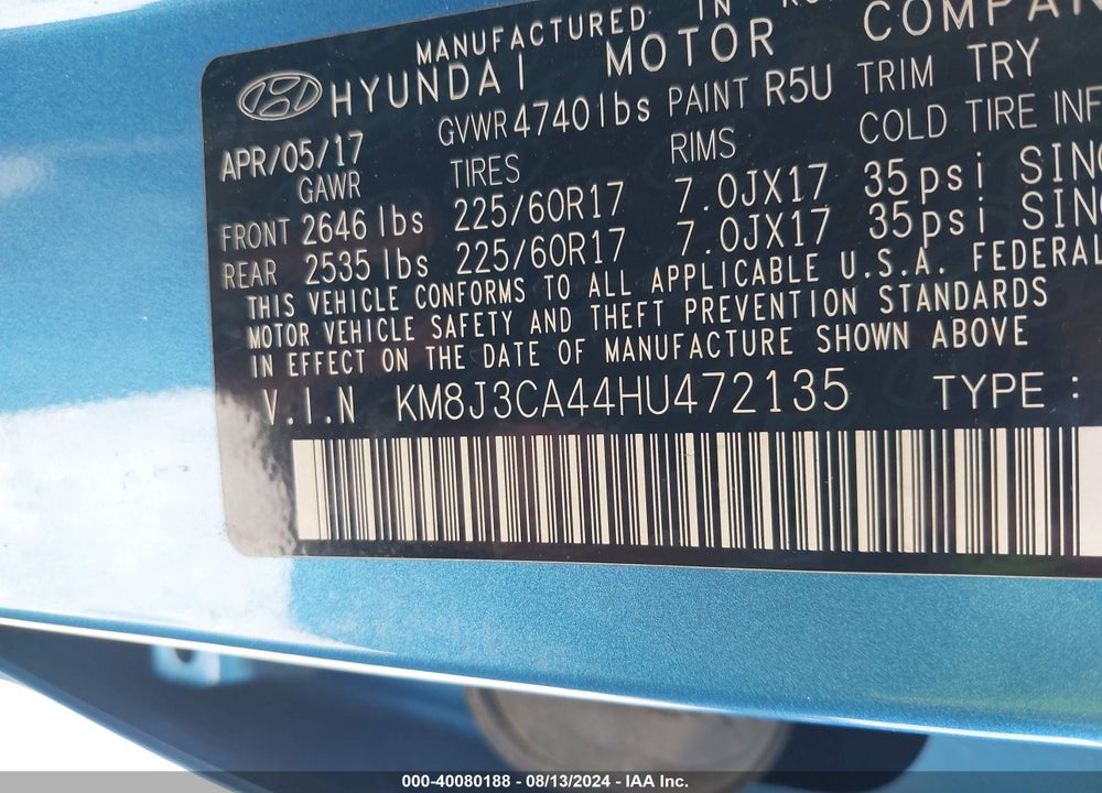 2017 HYUNDAI TUCSON SE VIN: KM8J3CA44HU472135