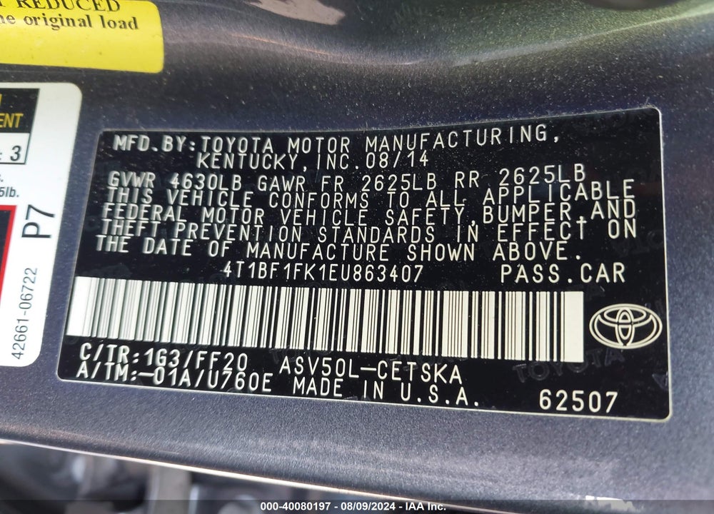 2014 TOYOTA CAMRY SE VIN: 4T1BF1FK1EU863407