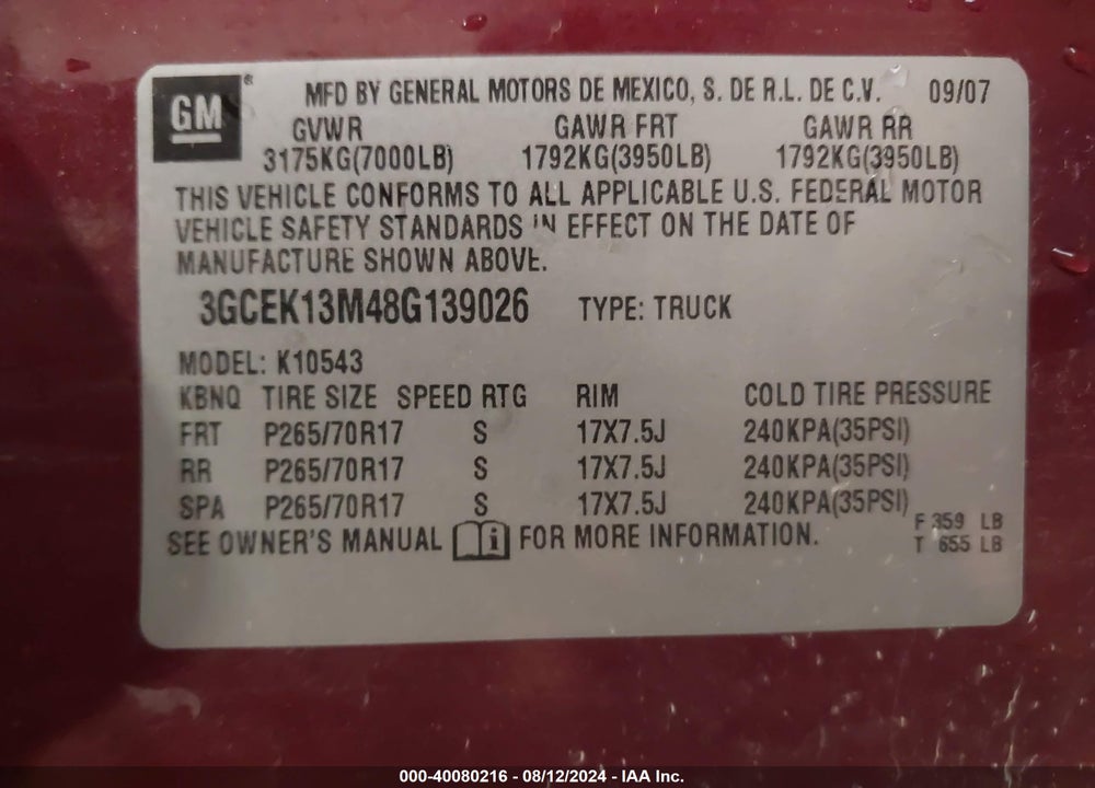 2008 CHEVROLET SILVERADO 1500 LT1 VIN: 3GCEK13M48G139026