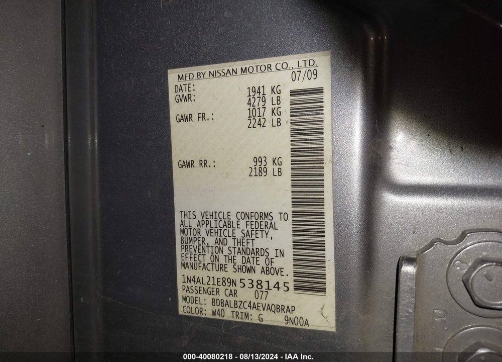 2009 NISSAN ALTIMA 2.5 S VIN: 1N4AL21E89N538145