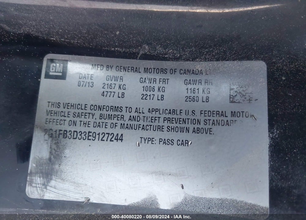 2014 CHEVROLET CAMARO 1LT VIN: 2G1FB3D33E9127244