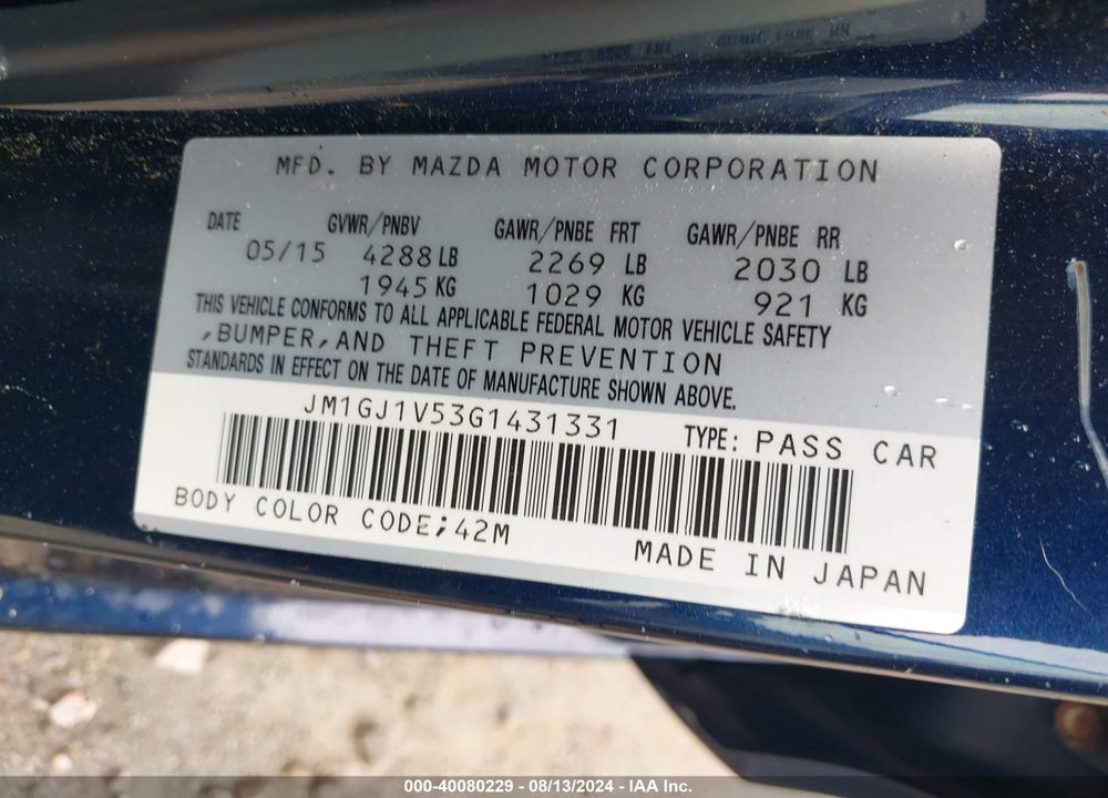 2016 MAZDA 6 I TOURING VIN: JM1GJ1V53G1431331