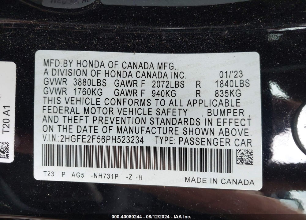 2023 HONDA CIVIC SPORT VIN: 2HGFE2F56PH523234