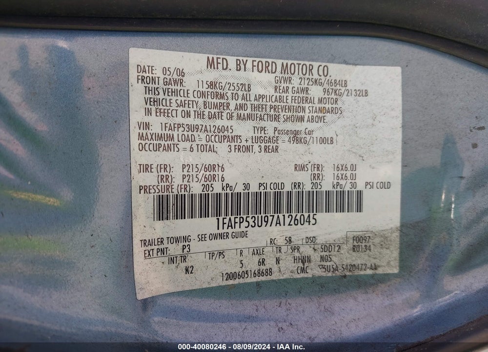 2007 FORD TAURUS SE VIN: 1FAFP53U97A126045