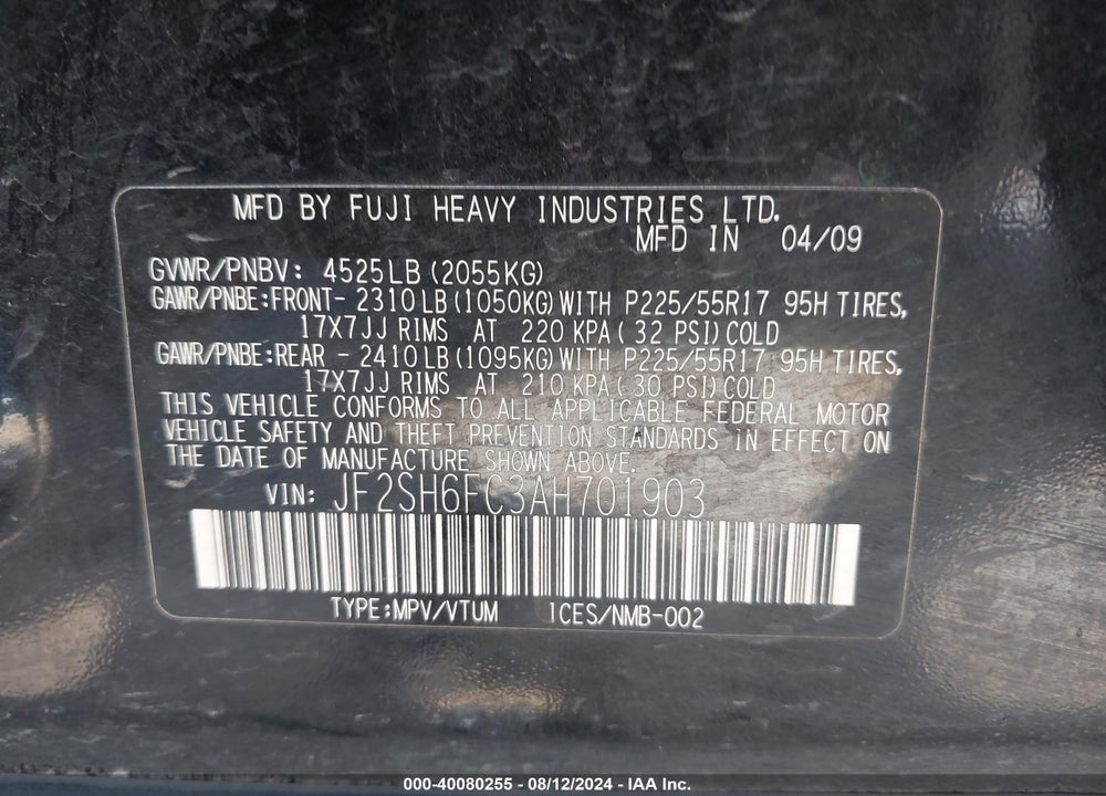 2010 SUBARU FORESTER VIN: JF2SH6FC3AH701903