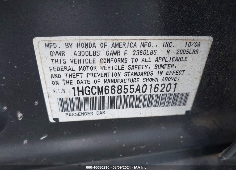 2005 HONDA ACCORD 3.0 EX VIN: 1HGCM66855A016201