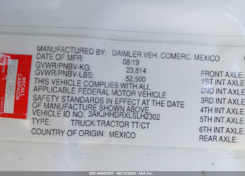 2020 FREIGHTLINER NEW CASCADIA 126 VIN: 3AKJHHDRXLSLH2302