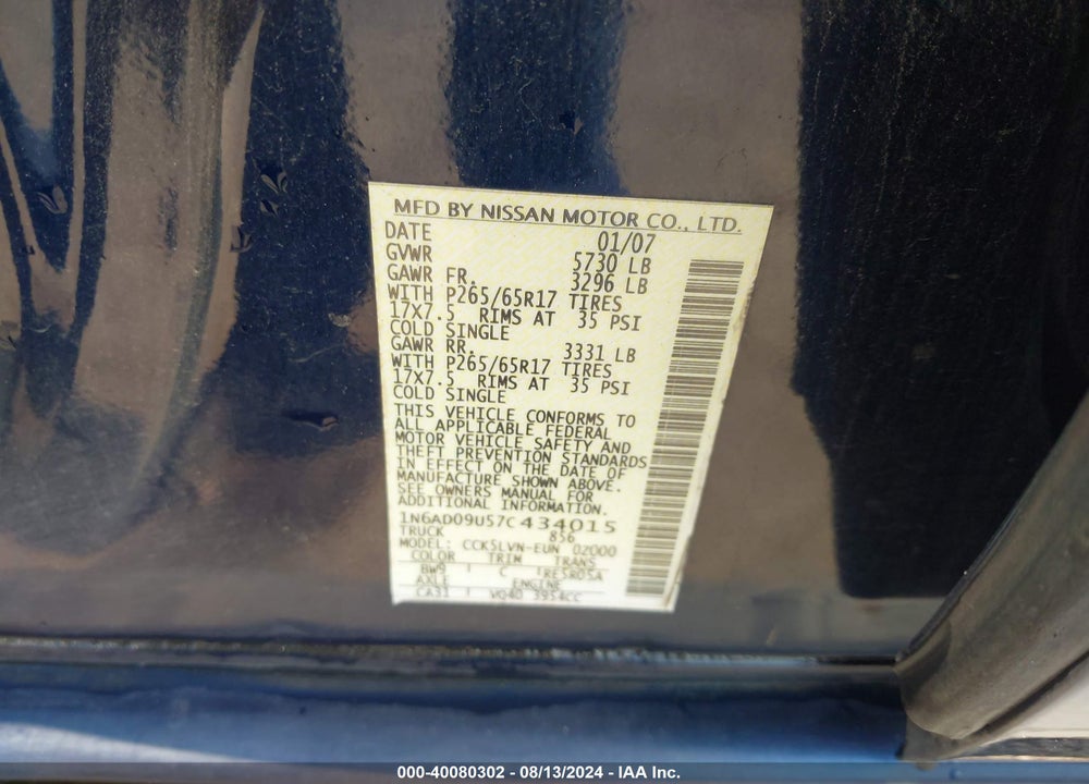 2007 NISSAN FRONTIER LE VIN: 1N6AD09U57C434015
