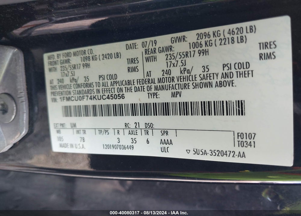 2019 FORD ESCAPE S VIN: 1FMCU0F74KUC45056
