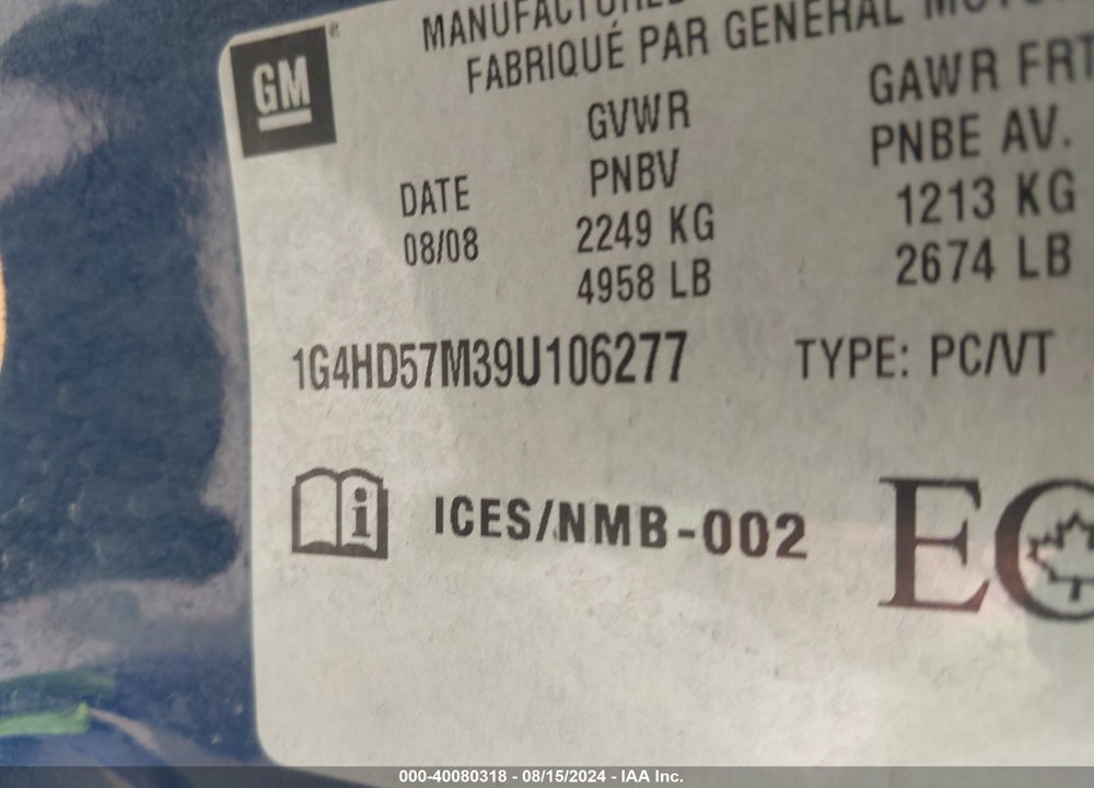 2009 BUICK LUCERNE CXL/CXL SPECIAL EDITION/CXL-3/CXL-4/CXL-5 VIN: 1G4HD57M39U106277