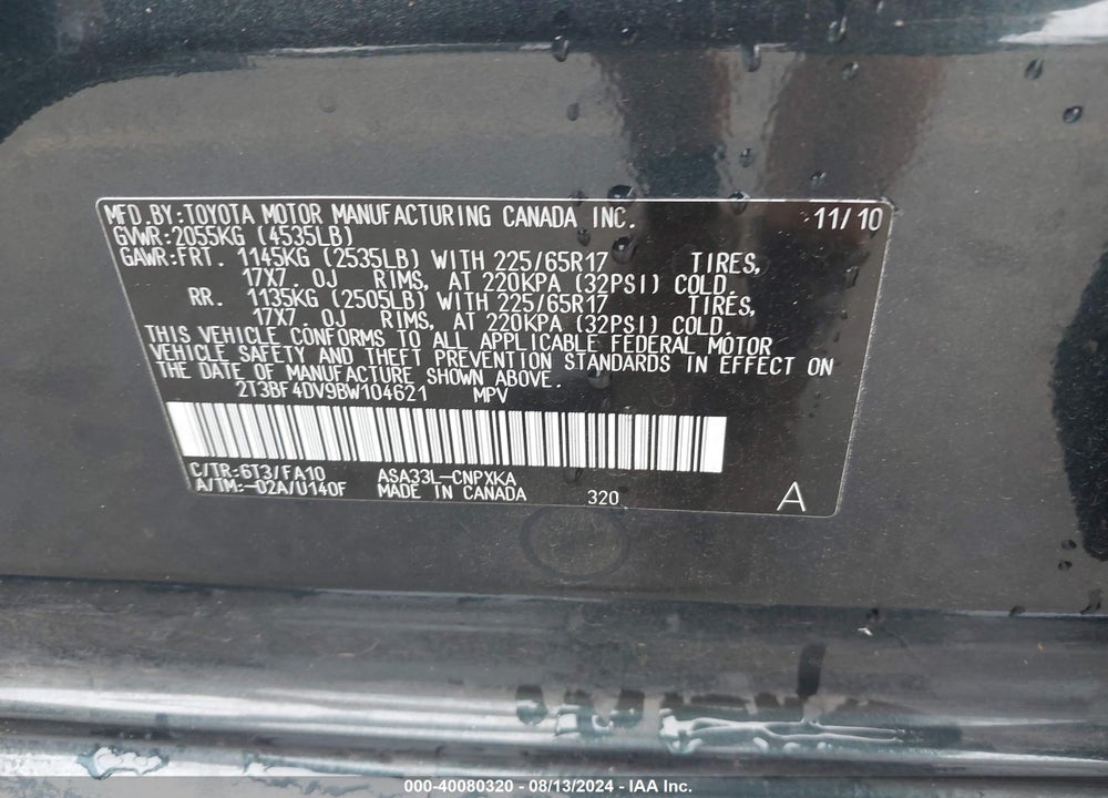 2011 TOYOTA RAV4 VIN: 2T3BF4DV9BW104621