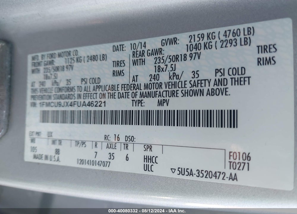 2015 FORD ESCAPE TITANIUM VIN: 1FMCU9JX4FUA46221