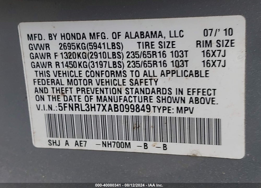 2010 HONDA ODYSSEY EX-L VIN: 5FNRL3H7XAB099849