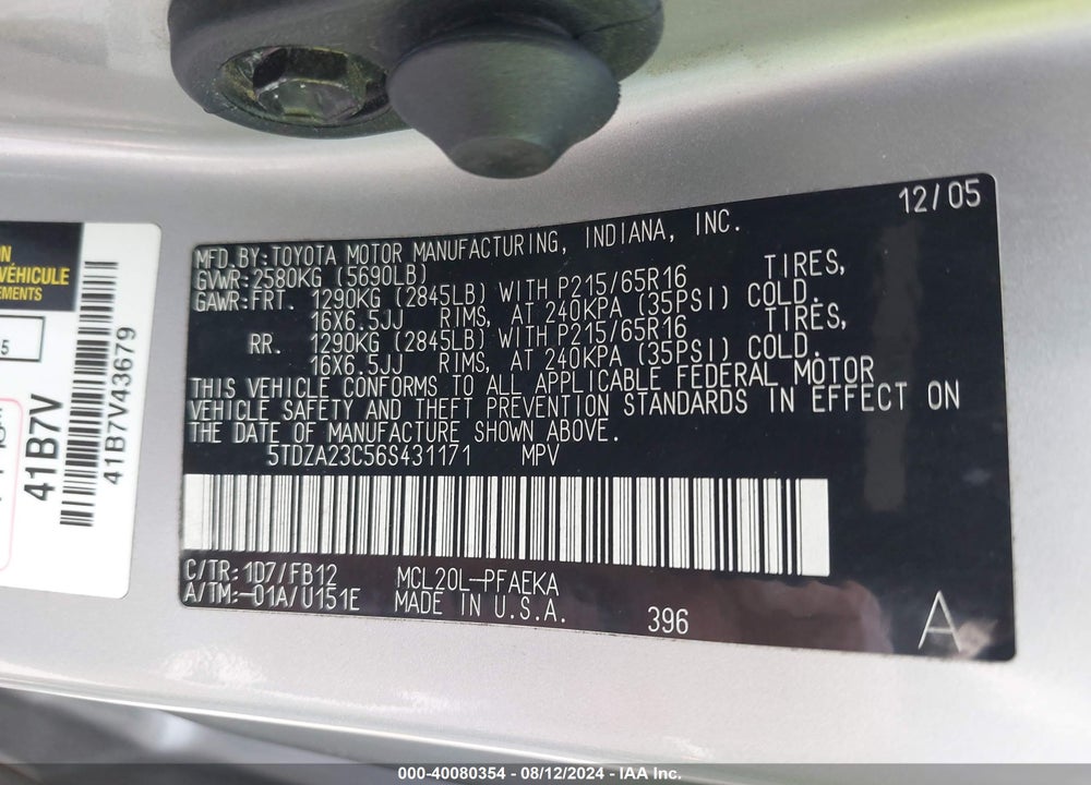 2006 TOYOTA SIENNA VIN: 5TDZA23C56S431171