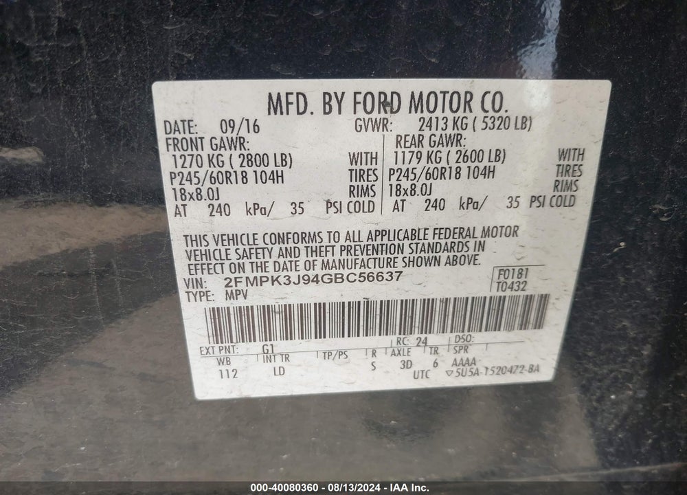 2016 FORD EDGE SEL VIN: 2FMPK3J94GBC56637