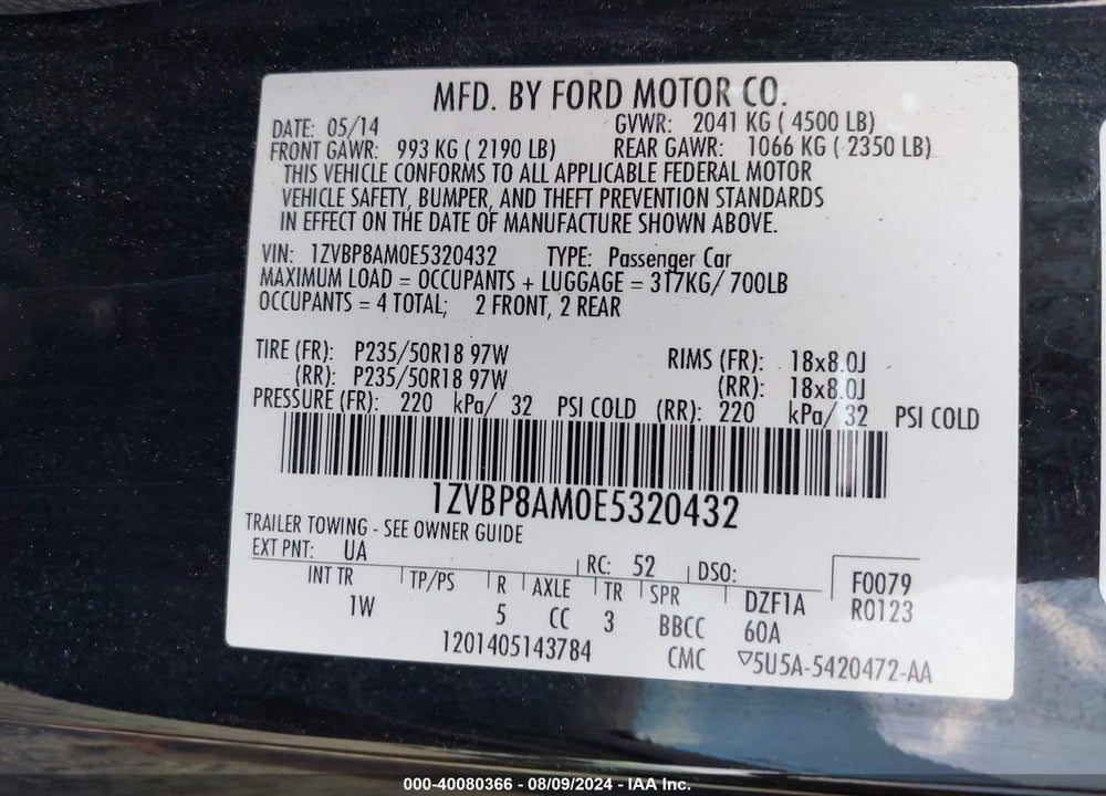 2014 FORD MUSTANG V6 VIN: 1ZVBP8AM0E5320432