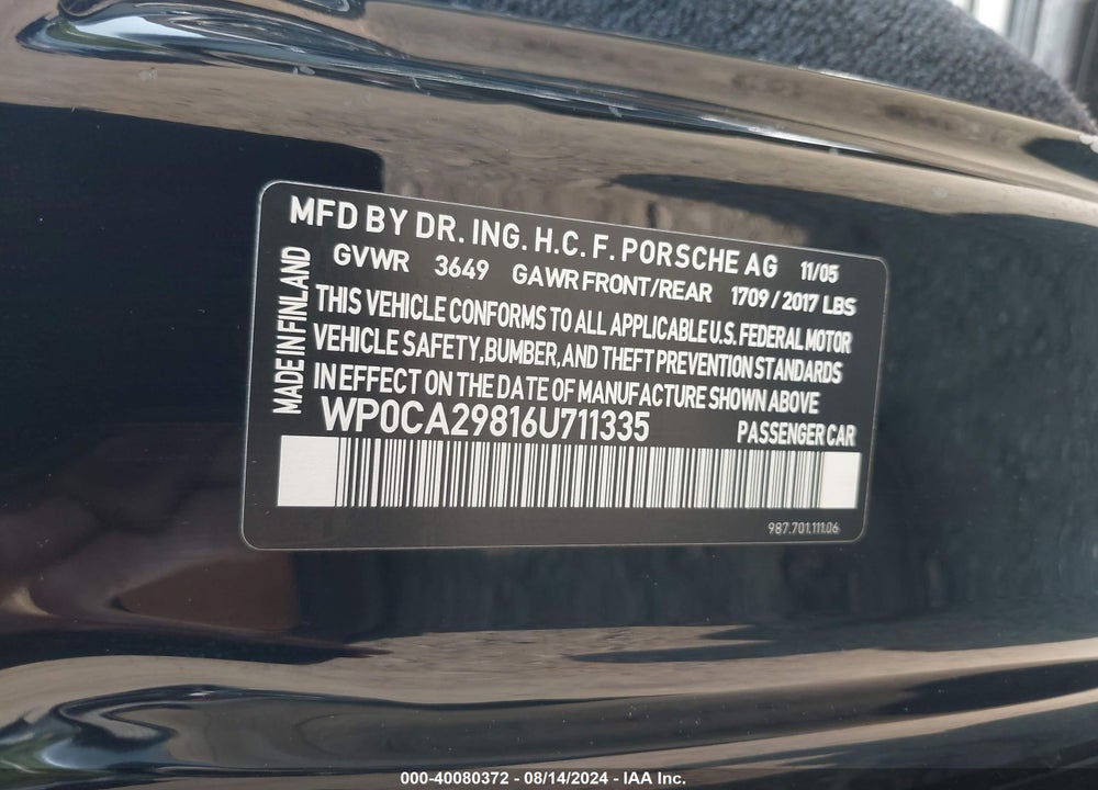 2006 PORSCHE BOXSTER VIN: WP0CA29816U711335
