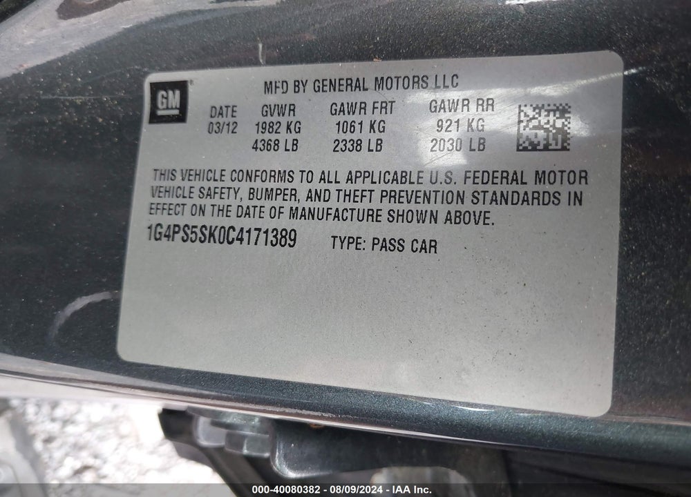 2012 BUICK VERANO LEATHER GROUP VIN: 1G4PS5SK0C4171389