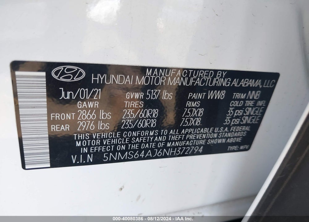2022 HYUNDAI SANTA FE SEL VIN: 5NMS64AJ6NH372794
