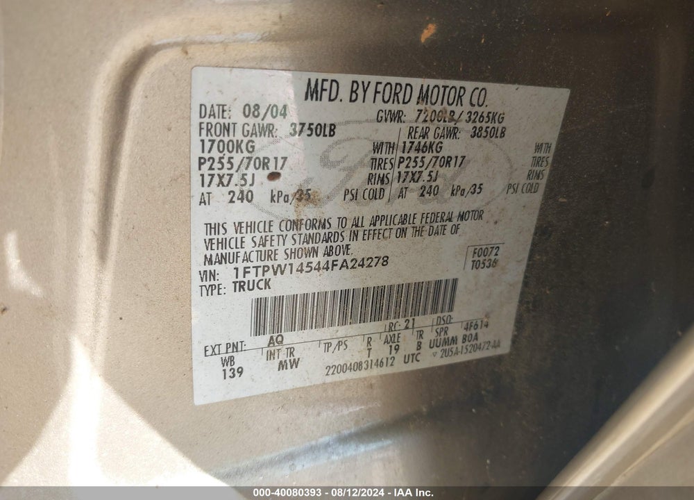 2004 FORD F-150 VIN: 1FTPW14544FA24278